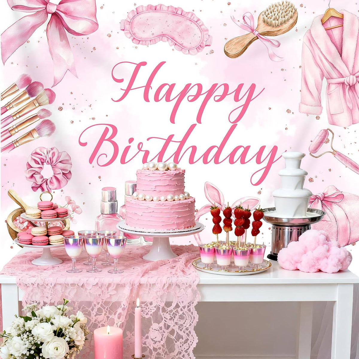 Bcuuipo 7x5ft Spa Party Happy Birthday Backdrop Pink Beauty Makeup Slumber Pajama Sleepover Background for Girls