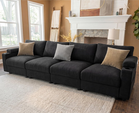 Sectional Couches for Living Room FSC Certified Velvet Modular Couch Oversized Cloud U Shaped Convertible Sleeper Sofa Chaise Detachable Armrest Cushion (Chenille Black, 4 Seat)