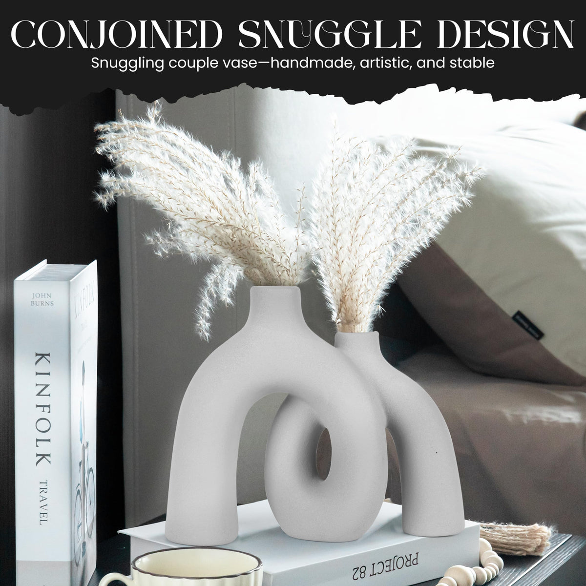 Ceramic Hug Vase (Soft Gray) Modern Donut Style Hugging Vases for Flowers Minimalist Decor – Hollow Ceramic Waterproof Home Decor Vases for Living Room, Bed Room, Book Shelf, Entryway Table.