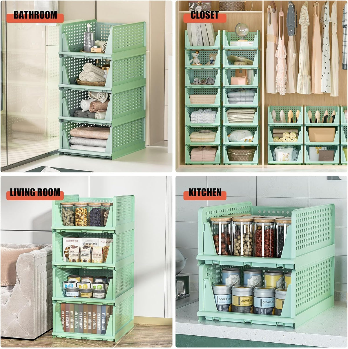 Stackable Plastic Storage Drawers - Closet Organizer with Open Bins for Clothes | 5-Drawer Set in Green