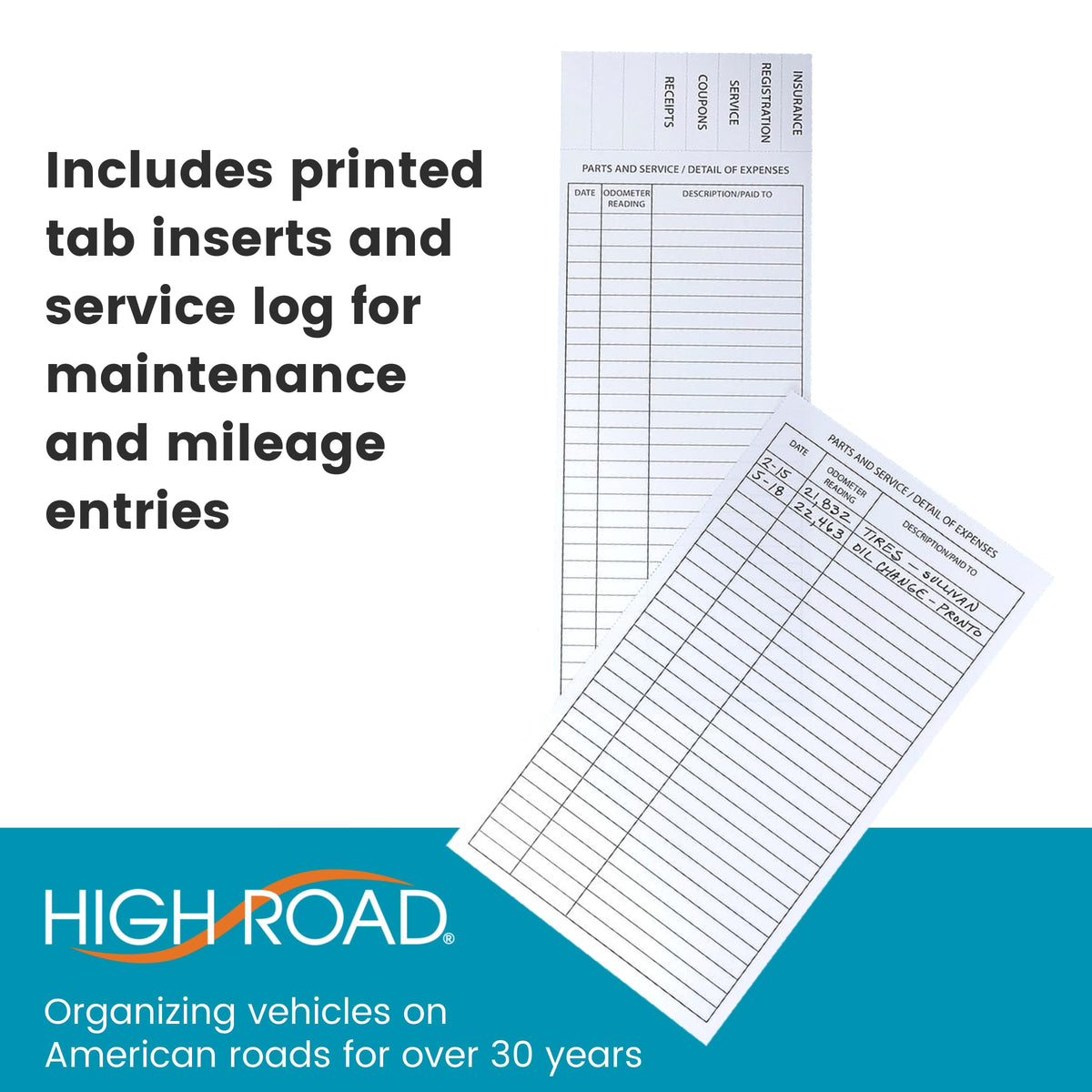 High Road Car Glove Box Organizer - Maintenance Folder for Car Documents - Card Pockets for Insurance and Registration with Receipt Log and Divider Tab Inserts