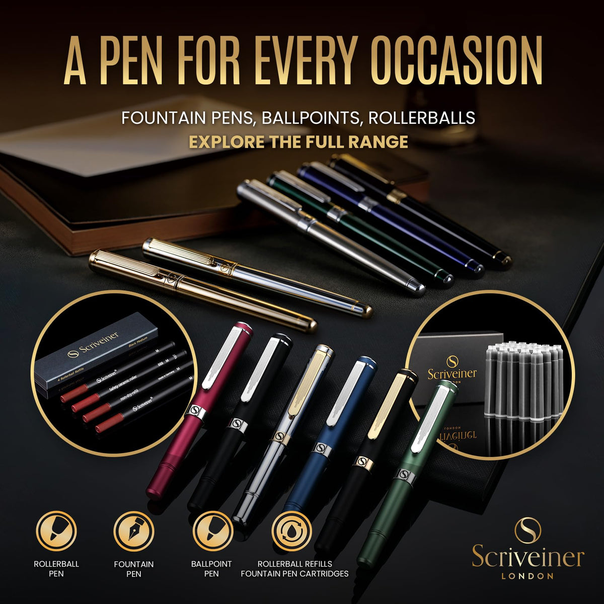 Scriveiner Black Lacquer Rollerball Pen - Stunning Luxury Pen, Real Gold Plating, Schmidt Ink Refill, Best Roller Ball Gift Set for Men & Women, Professional, Executive Office, Nice Pens
