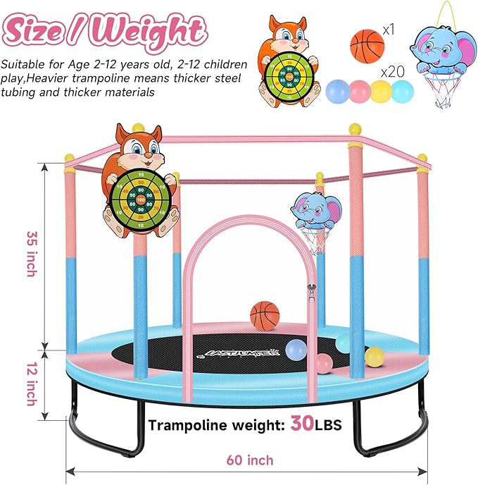 Pink Indoor Trampoline for Kids 2-5, 5ft Mini Indoor & Outdoor Small Toddler Trampoline with Net and Basketball Hoop