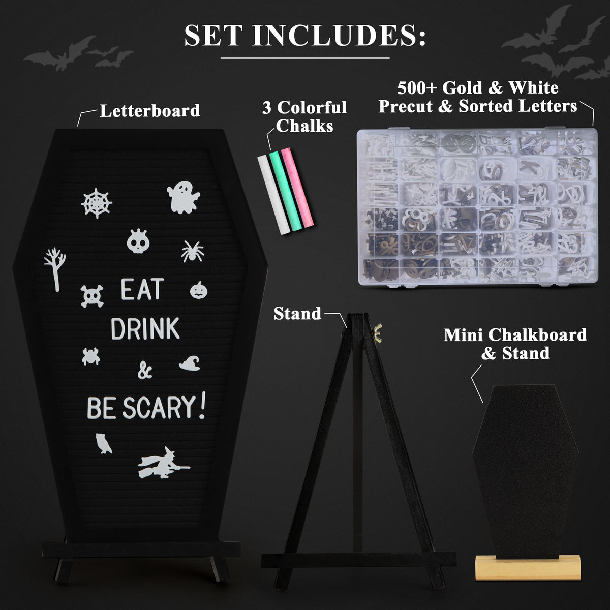3 in 1 Coffin Letter Board with Precut, Presorted 500 Letters & Emojis + Mini Coffin Board, Gothic Halloween Decor - Spooky 17x10.5 inches Felt Letter Board - Manny's Mysterious Oddities
