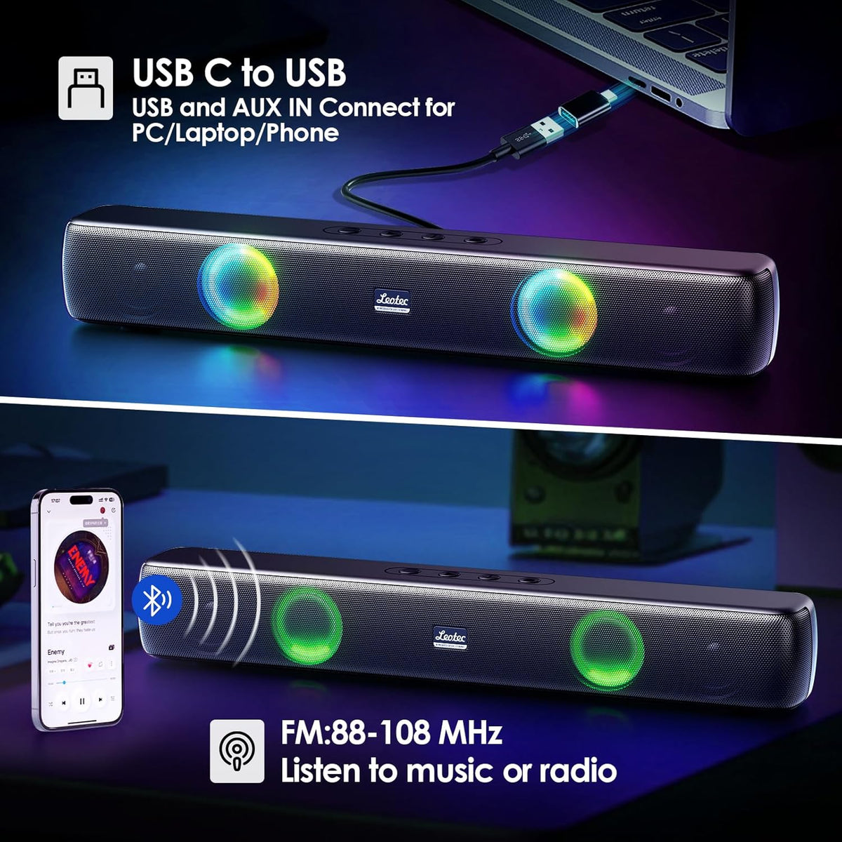 LEOTEC Computer Speakers with FM Radio,Stereo Sound,Portable Mini Sound Bar,Type-C Charging,AUX in,TF,USB for Computer
