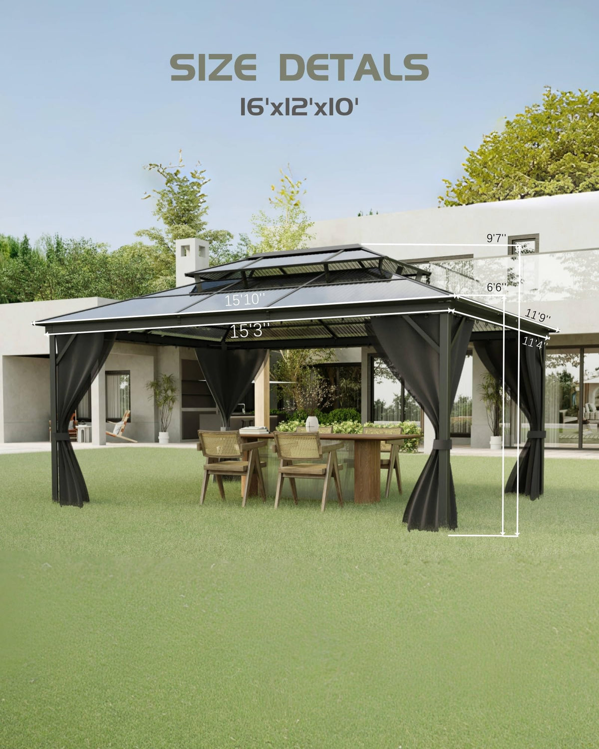 PeakPursuit Heavy Duty Hardtop Gazebo 12'x16' – Double Polycarbonate Roof, Aluminum Frame, Curtains & Netting, Weather-Resistant Permanent Outdoor Pavilion for Patio, Deck, Garden, Khaki
