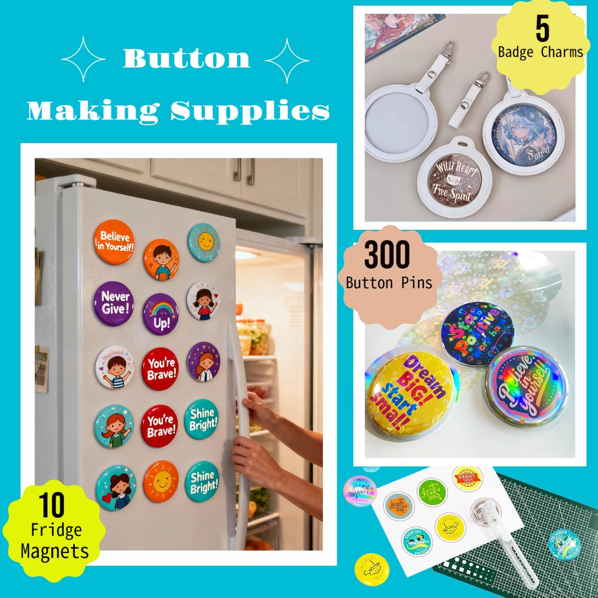 Mryitcal Button Maker Machine 1''+1.25''+2.25'' Pin Maker Button Press Machine w/ 300 Metal Pinback, 10 Fridge Magnet, 5 Badge Charm, 1 Cutting Mat, Badge Making Kit for Custom Badge, Party Favors