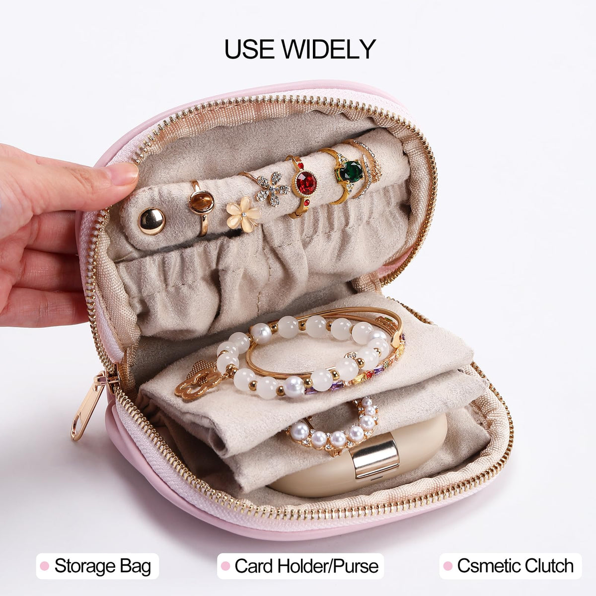 RSNREP Small Travel Jewelry Organizer Storage Pouch - Velvet Mini Travel Jewelry Case for Women, Compact Zipper Bag for Bracelets, Rings, Earrings Essential Travel Accessory Gift (pink)