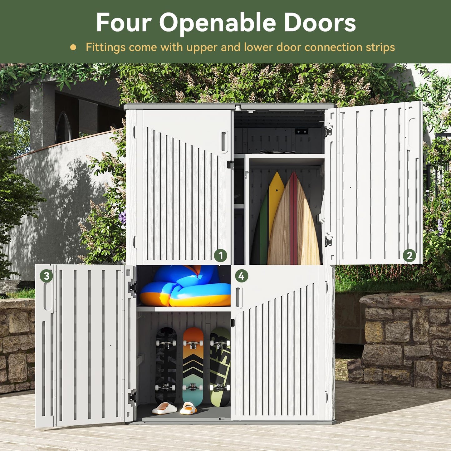 Aoxun Outdoor Resin Storage Shed with Metal Shelving Kit & Floor, 64 Cu.Ft Vertical Waterproof Storage Cabinet for Garage, Pool, Bike, Garden Tools, Patio Furniture (White)