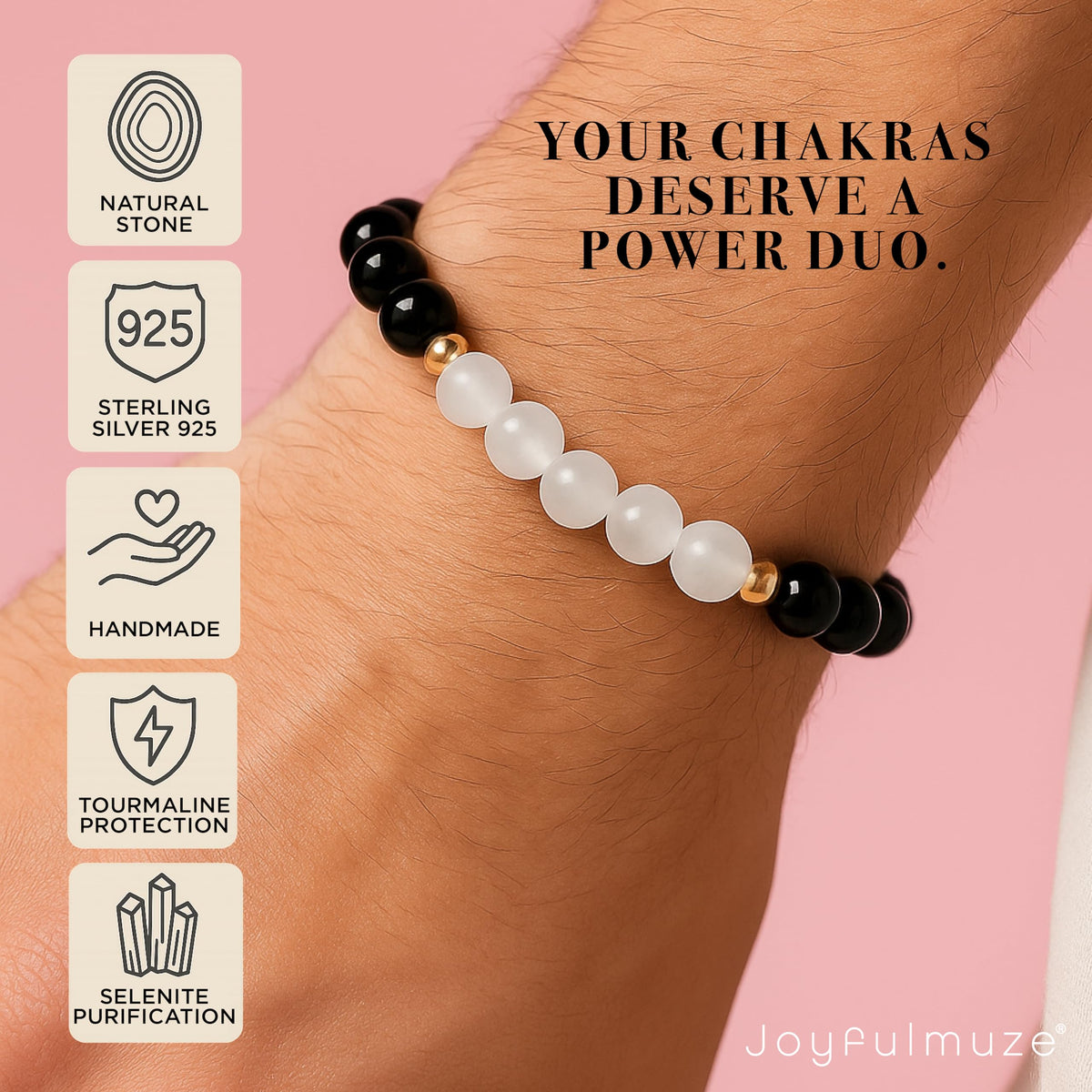 Joyfulmuze Black Tourmaline Selenite Bracelet, Handmade Stretch Jewelry, Natural Calming Crystals, Simple Genuine Chakra Energy Bracelet, Gifts for Women and Man, 8mm