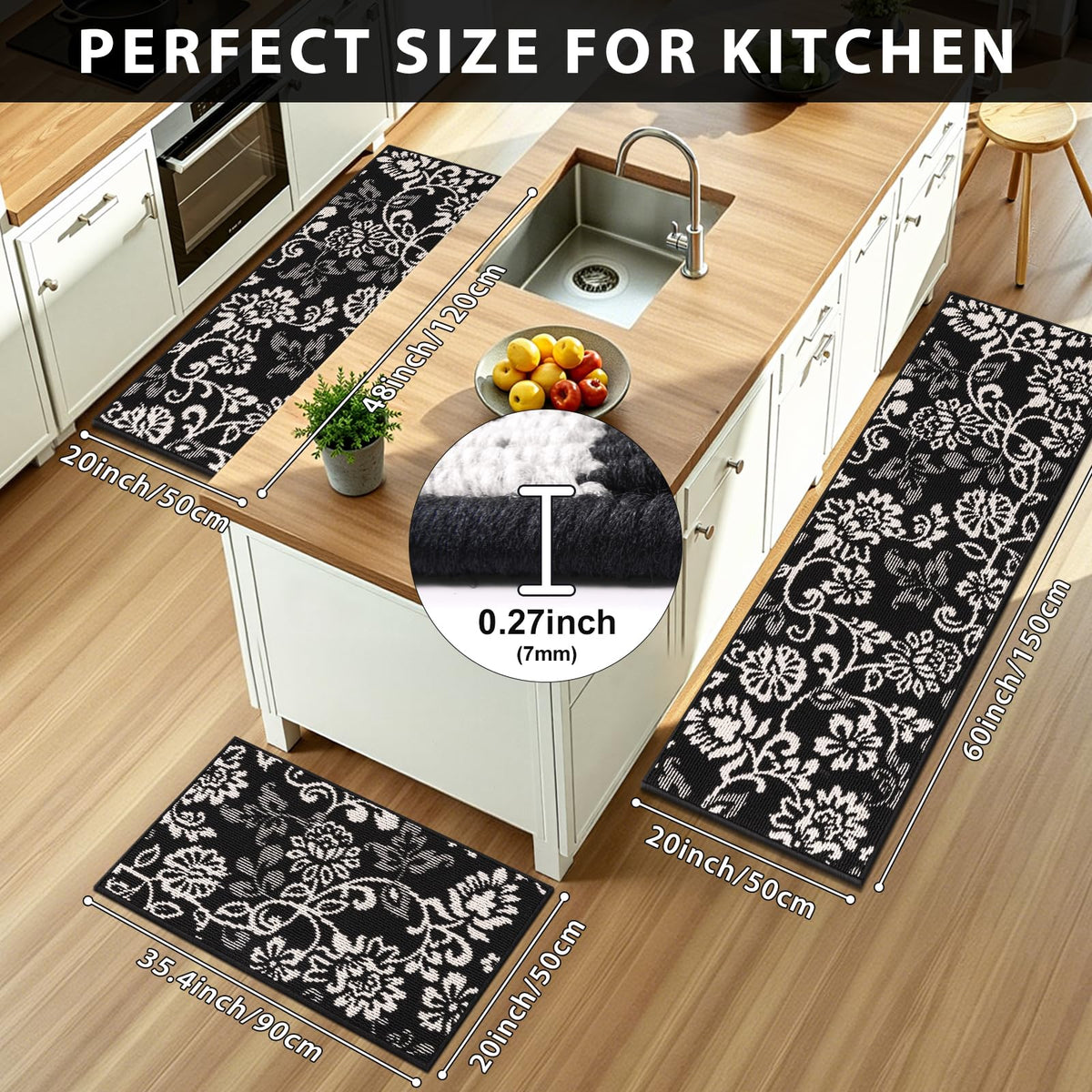 LOKHOM Boho Kitchen Rugs Sets of 3-Non Slip Stain Resistant Kitchen Mats for Floor, Paisley Floral Runner Carpet for Hallways Entryway Laundry Washable (Black & White 20"x32"+20"x48"+20"x59")