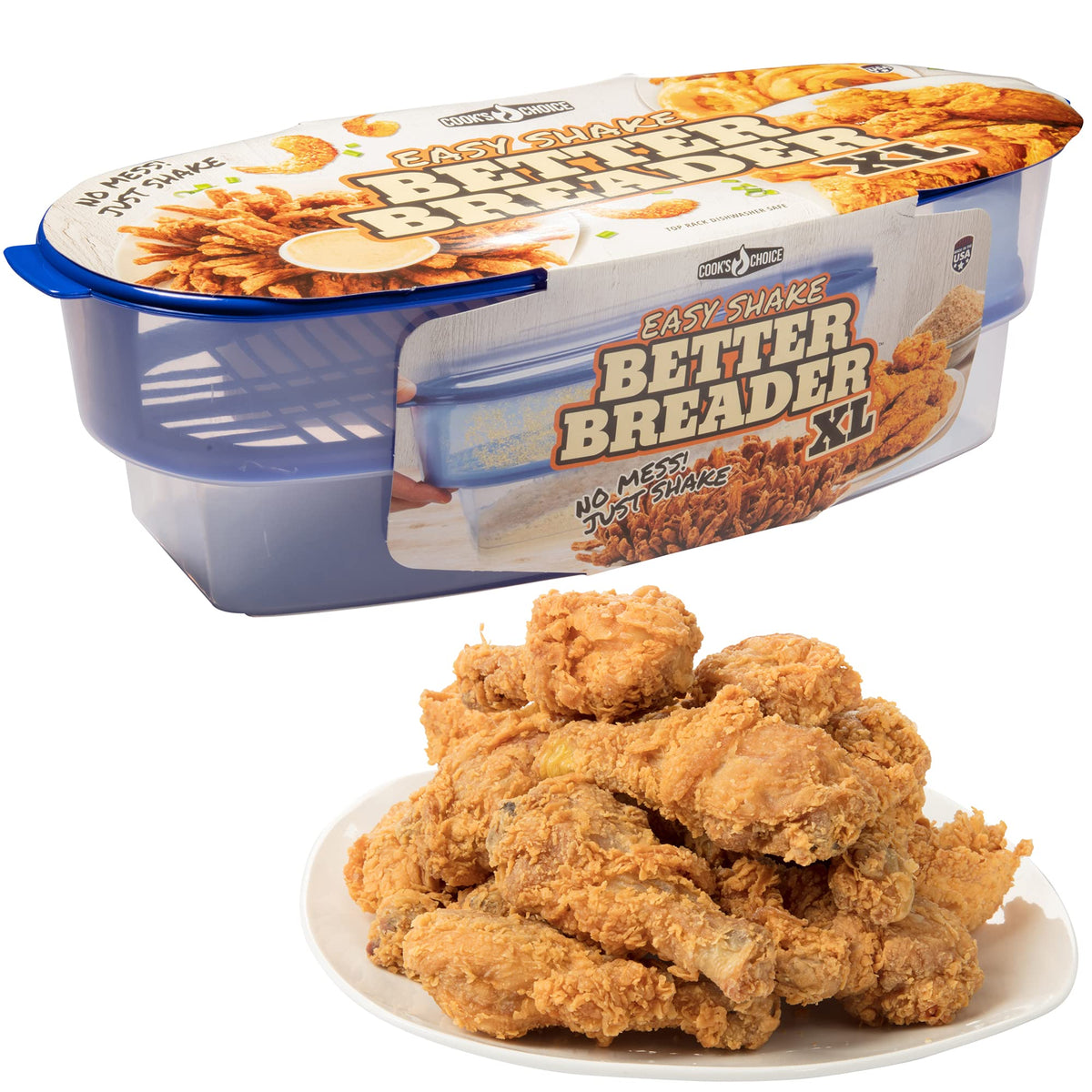 COOK'S CHOICE XL Original Better Breader Batter Bowl- All-in-One Mess Free Breading Station Tool- Great for Parties- Pour in Seasoning, Add Meat, Vegetables or for Fish Fry, & Just Shake- Made in USA