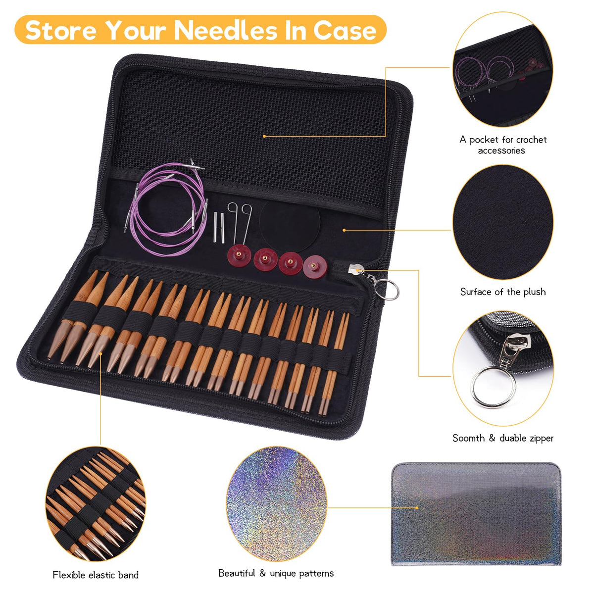 Weabetfu Knitting Needles Set with Bamboo Circular Knitting Needle 13 Pair Interchangeable Knitting Needles and Cables, Accessories and Case Perfect for Beginner, DIY Crafts