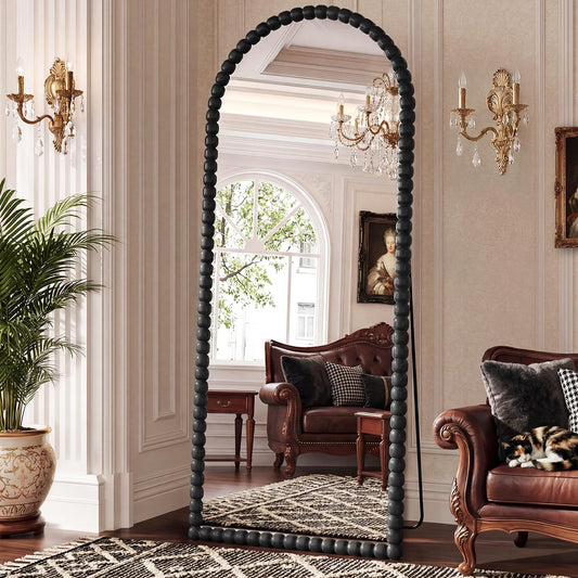 FlyEcho Arched Full Length Mirror, 71"x28" Antique Beaded Full Body Mirrors, Large Floor Mirror with Stand, Hanging Mounted for Bedroom Living Room Cloakroom Hallway Decor, PU Frame, Black