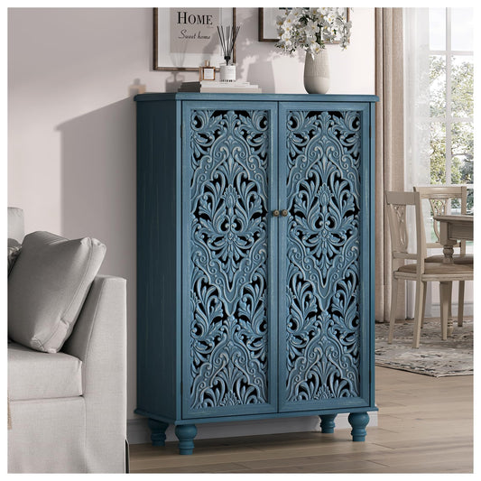 Jiansu furni Buffet Sideboard Cabinet with Hand-Carved Doors, 47" Tall Tall Storage Cabinet for Dining Room, Vintage Wood Accent Cabinet with Shelves, Slim Floor Cupboard for Kitchen & Entryway,Blue