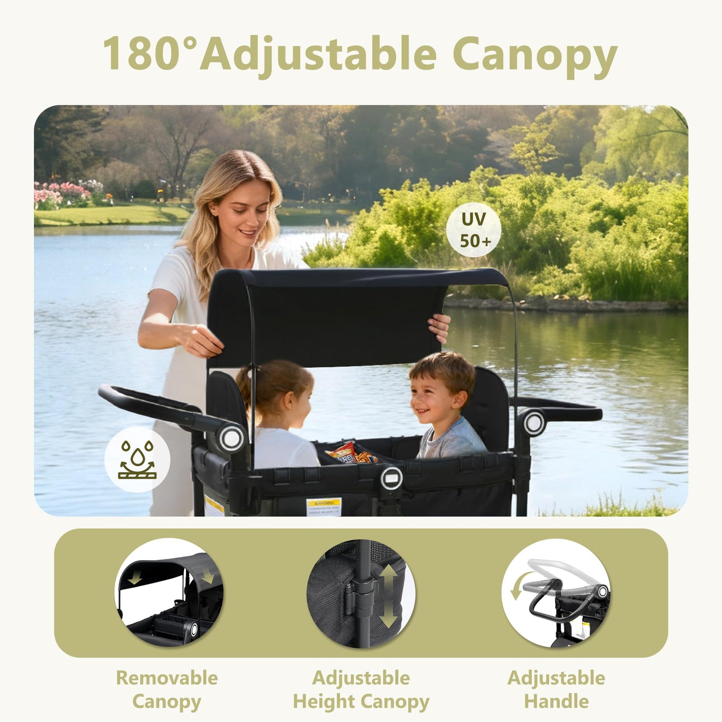 Kinder King Wagon Stroller for 2 Kids, All-Terrain Foldable Outdoor Stroller Wagon 2 Seater, Removable Canopy, Adjustable Handle, Shock-Absorbing Wheel, Detachable Tray, Large Storage, Black