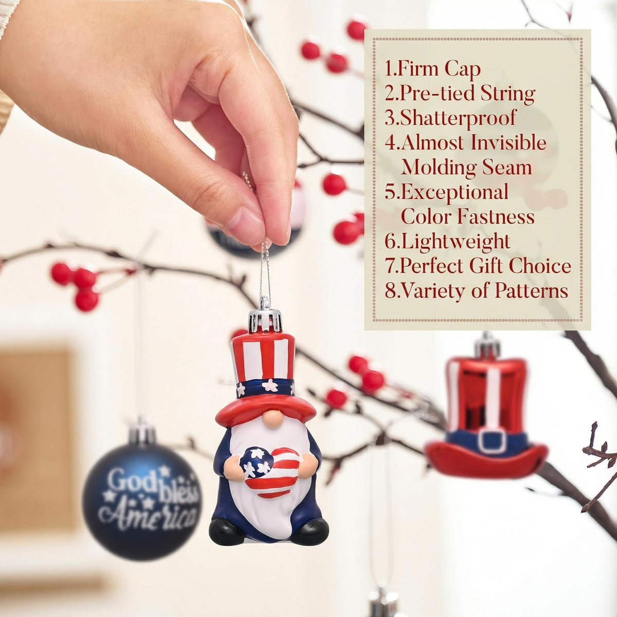 Valery Madelyn 4th of July Tree Decorations for Patriotic Memorial Day Ornaments, 50ct Large Red White Blue Shatterproof Americana Gnome for Independence Day USA 250th Anniversary Hanging Ball Decor