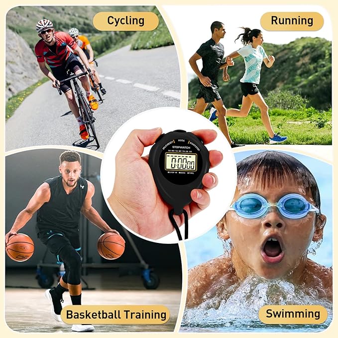 Stopwatch Sport Timer, 2 Pack Large Display Digital Stopwatch Timer with Date Time, No Alarm Silent Easy to Set Stopwatches for Sports, Coaches, Kids, Swimming and Running (Black)