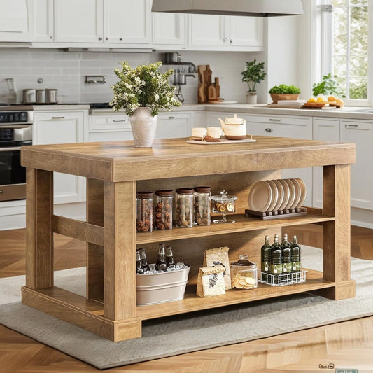 Tribesigns Kitchen Island with Storage, 55-Inch Farmhouse Stationary Island Table with Large Countertop, 3-Tier Wooden Home Bar Table for Kitchen, Dining Room, Rustic Brown