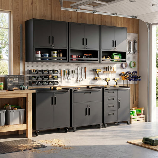 VIYET Metal Tool Cabinet,Garage Storage Cabinet System,Wall Cabinet & Locking Rolling Tool Cabinet with Doors and Adjustable Shelves,Steel Tool Cabinets for Home