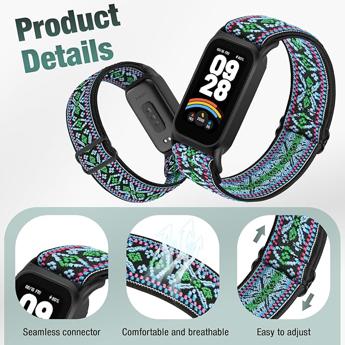 2 Pack Elastic Bands Compatible with Xiaomi Smart Band 9 Active Women Men, Soft Nylon Replacement Sport Wriststrap for Redmi Band 3
