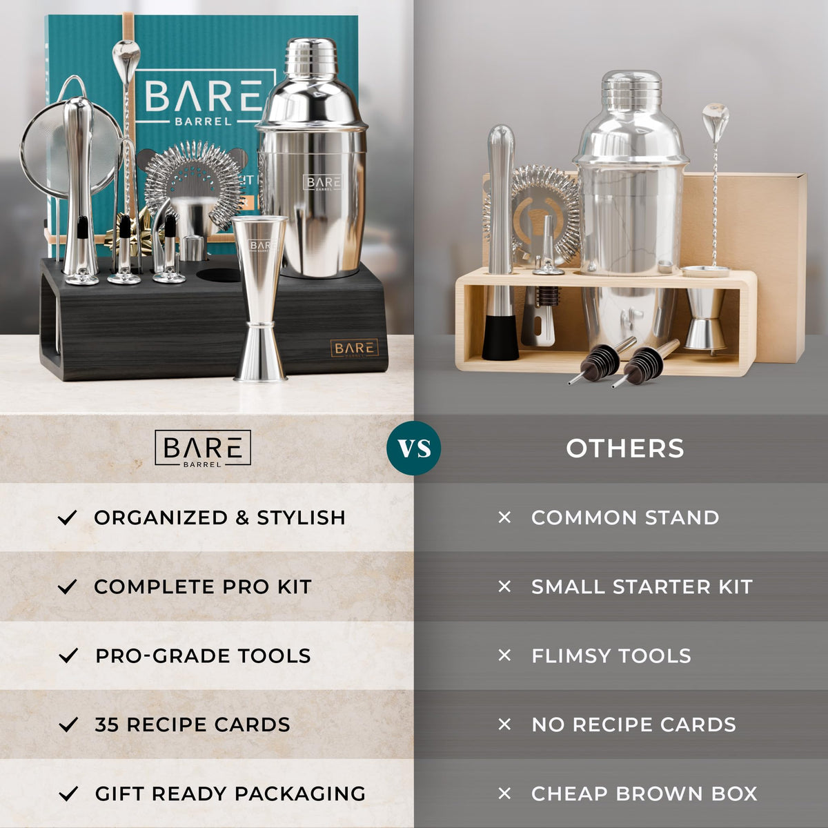 BARE BARREL® Mixology Bartender Kit Bar Set | 14-Piece Cocktail Shaker Set | Martini Barware Mixing Tools for Home Bartending | Incl. 35 Recipe Cards | Gift Set (24oz Cobbler Shaker, Silver/Black)