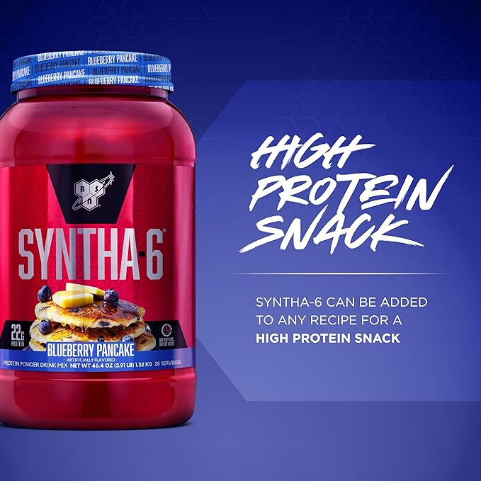 BSN SYNTHA-6 Premium Protein Powder with 6g of Fiber, Whey Protein, Micellar Casein, Milk Protein Isolate Blend, 5g Fat, Blueberry Pancake, 28 Servings (Packaging May Vary)