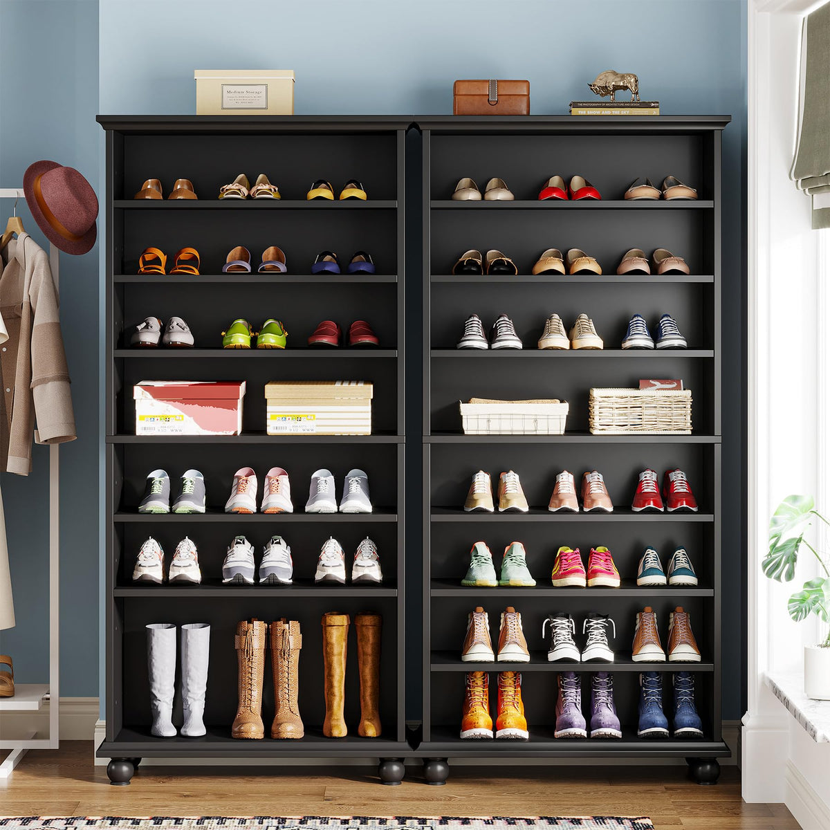 Tribesigns Narrow Tall Shoe Cabinet with LED Lighting, 9-Tier 30 Pairs Freestanding Shoes Storage Cabinet, Wood Shoe Organizer Cabinet with Solid Wooden Legs for Entryway (2, Black)