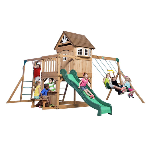 Backyard Discovery Montpelier Cedar Wood Swing Set, Wave Slide, Clubhouse, Monkey Bars, Picnic Area, Snack Bar, Belt Swings, Trapeze, Balcony, Playhouse, Working Door, Ladder, Outdoor Playset