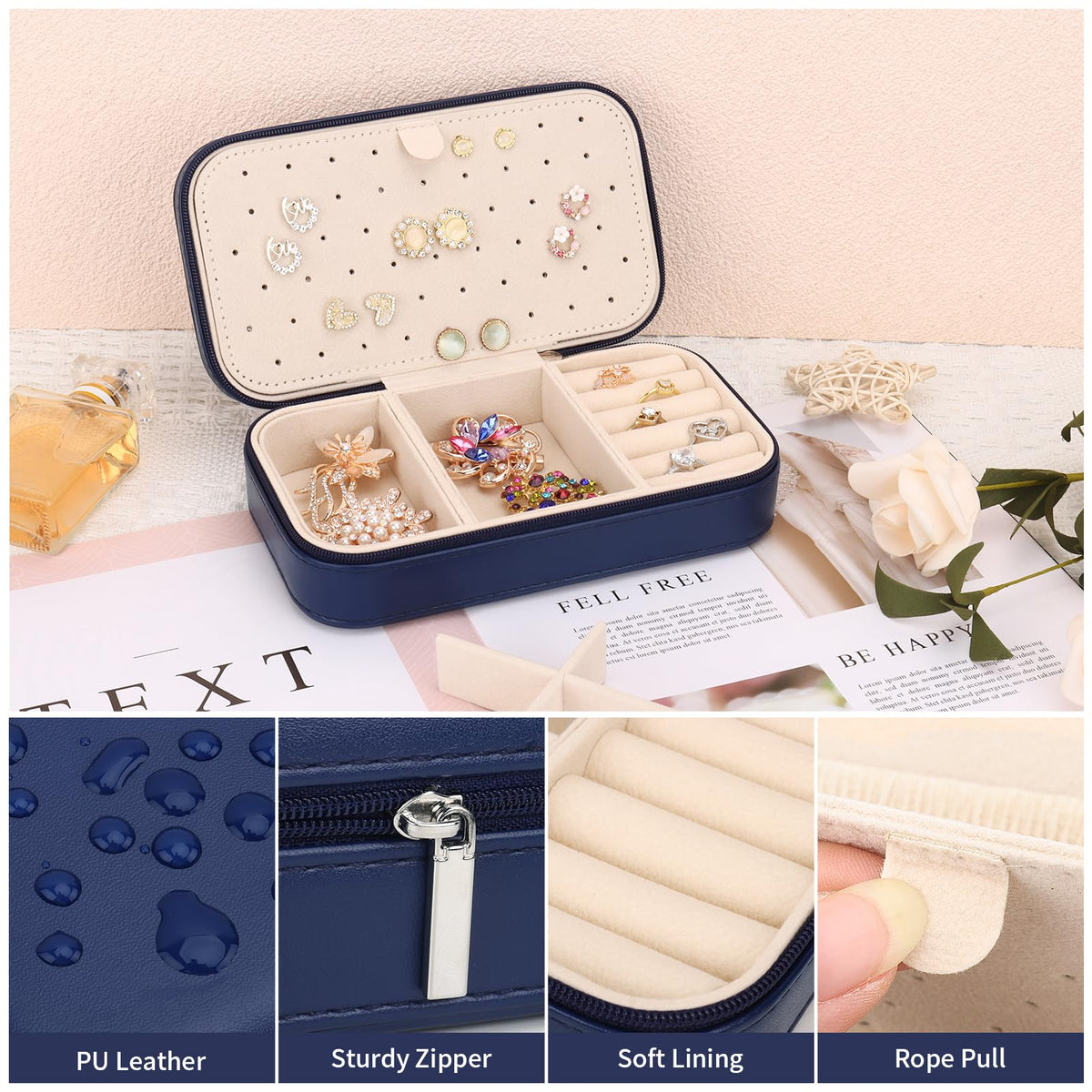 DesignSter Travel Jewelry Box, PU Leather Portable Jewelry Case, Small Jewelry Boxes for Gifts, Travel Jewelry Organizer for Women Rings Earrings Necklaces Bracelets (Dark Blue)