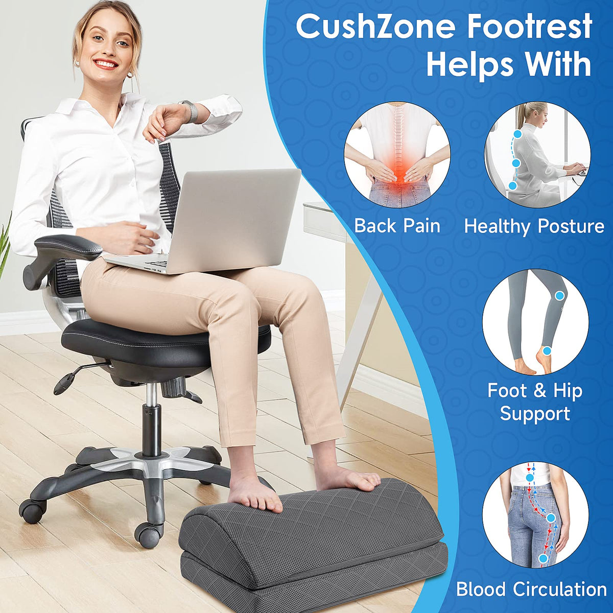 CushZone Foot Rest,Desk & Gaming Accessories,Foot Rest for Under Desk at Work,Comfortable Footrest with 2 Adjustable Heights & Removable Cover, Office Desk Accessories（Gray）