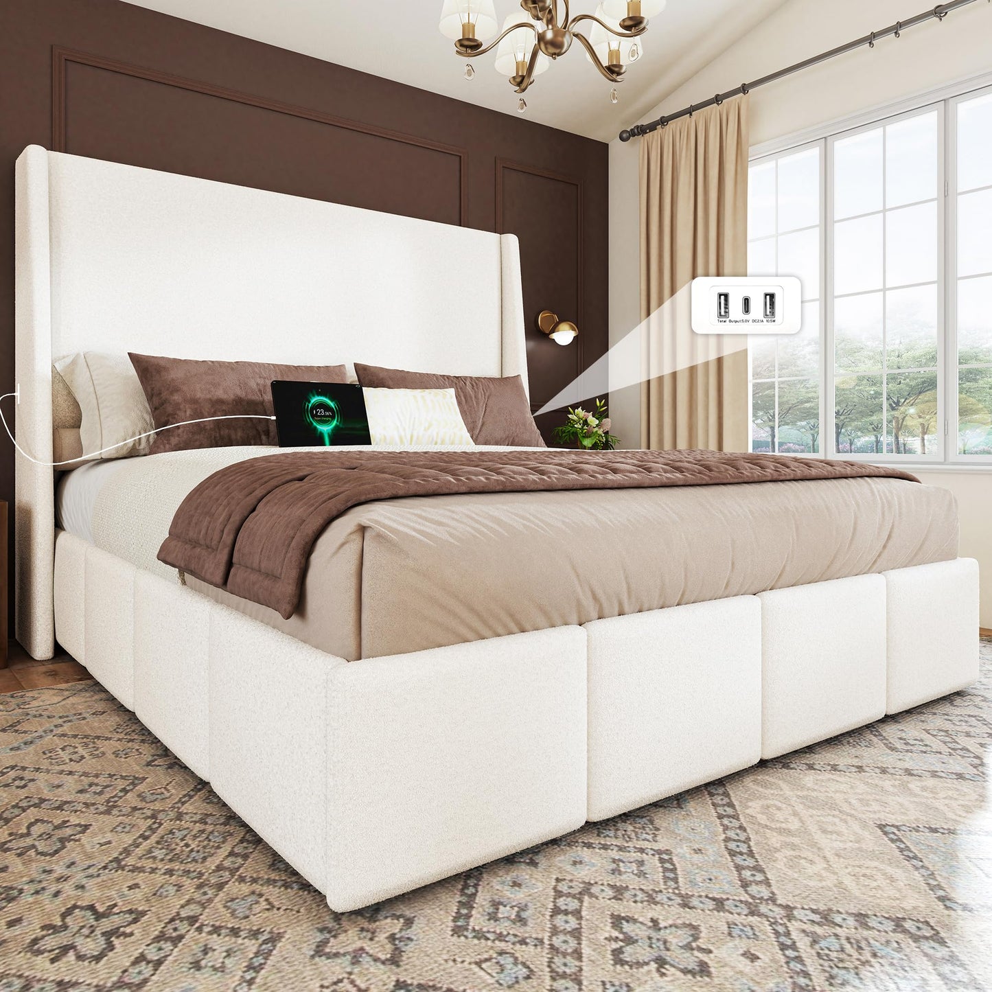 LARMACE King Size Bed Frame 54.2" Extra Tall Wingback Headboard, Lambswool Upholstered Platform Bed Frame with Legs Featuring Built-in Charging Ports, Wood Slats, No Box Spring Needed, White