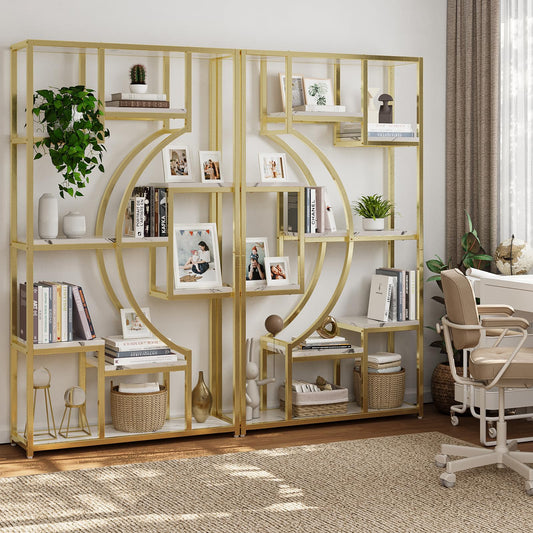 HolliWill Modern Book Shelf, White and Gold Bookshelf, 70.8 Inch Tall Etagere Bookcase, Set of 2 Geometric Display Shelves for Living Room, Bookcases/Bookshelf with Metal Frame for Home Office