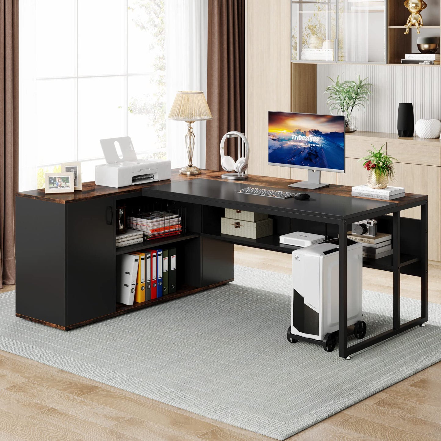 Tribesigns 71 inch Executive Desk, L Shaped Desk with Cabinet Storage, Executive Office Desk with Shelves, Business Furniture Workstation for Home Office, Brown and Black