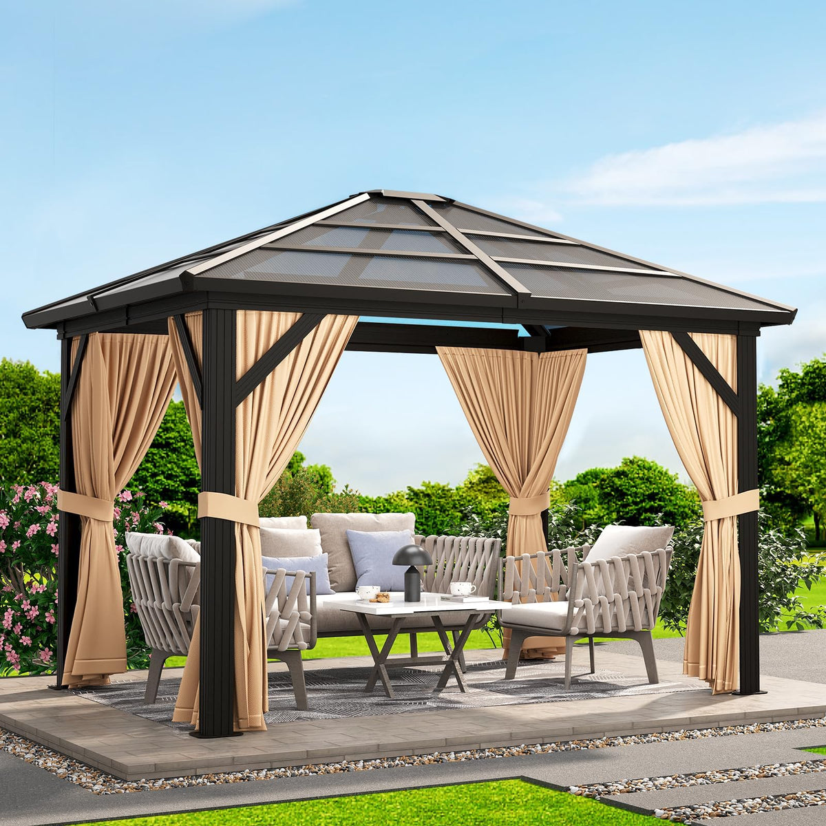 10' x 12' Hardtop Gazebo, Permanent Outdoor Pavilion with Single-Tier Hardtop Roof, Thickened Mosquito Netting, Double Track & Double Zipper Design for Patio, Lawn, Garden, Brown