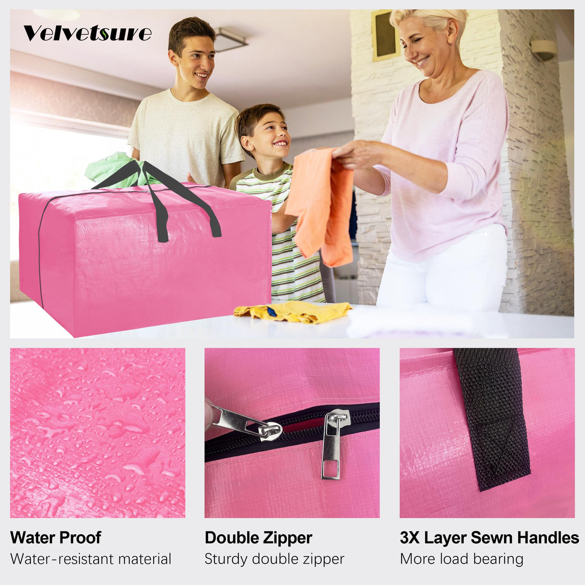 6 Pack Heavy Duty Extra Large Moving Bags W/Backpack Straps - Strong Handles & Zippers, Storage Totes For Space Saving, Fold Flat, Alternative to Box and Bin (40 gal, Pink)