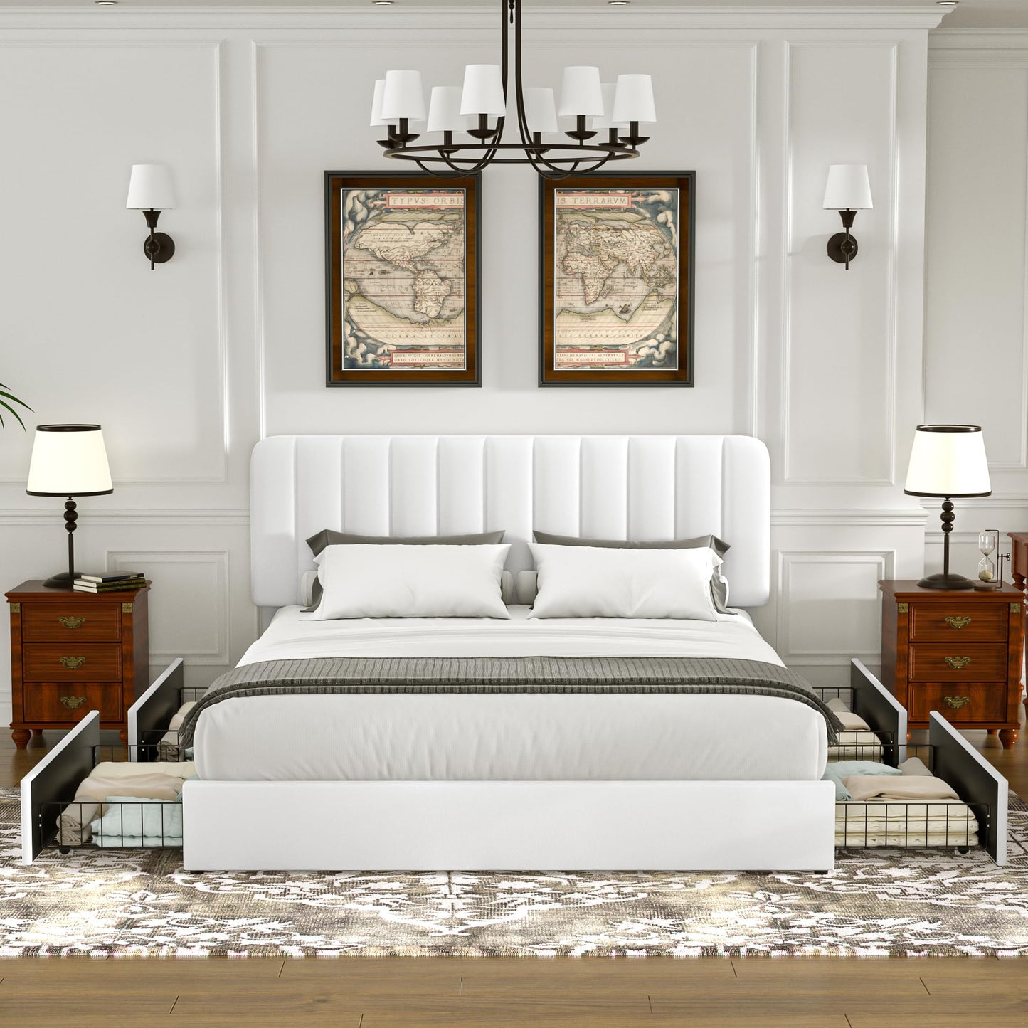 VECELO King Size Upholstered Bed Frame with 4 Drawers and Headboard, Velvet Platform Storage Bedframe, Wooden Slats Support, No Box Spring Needed,Snow-White