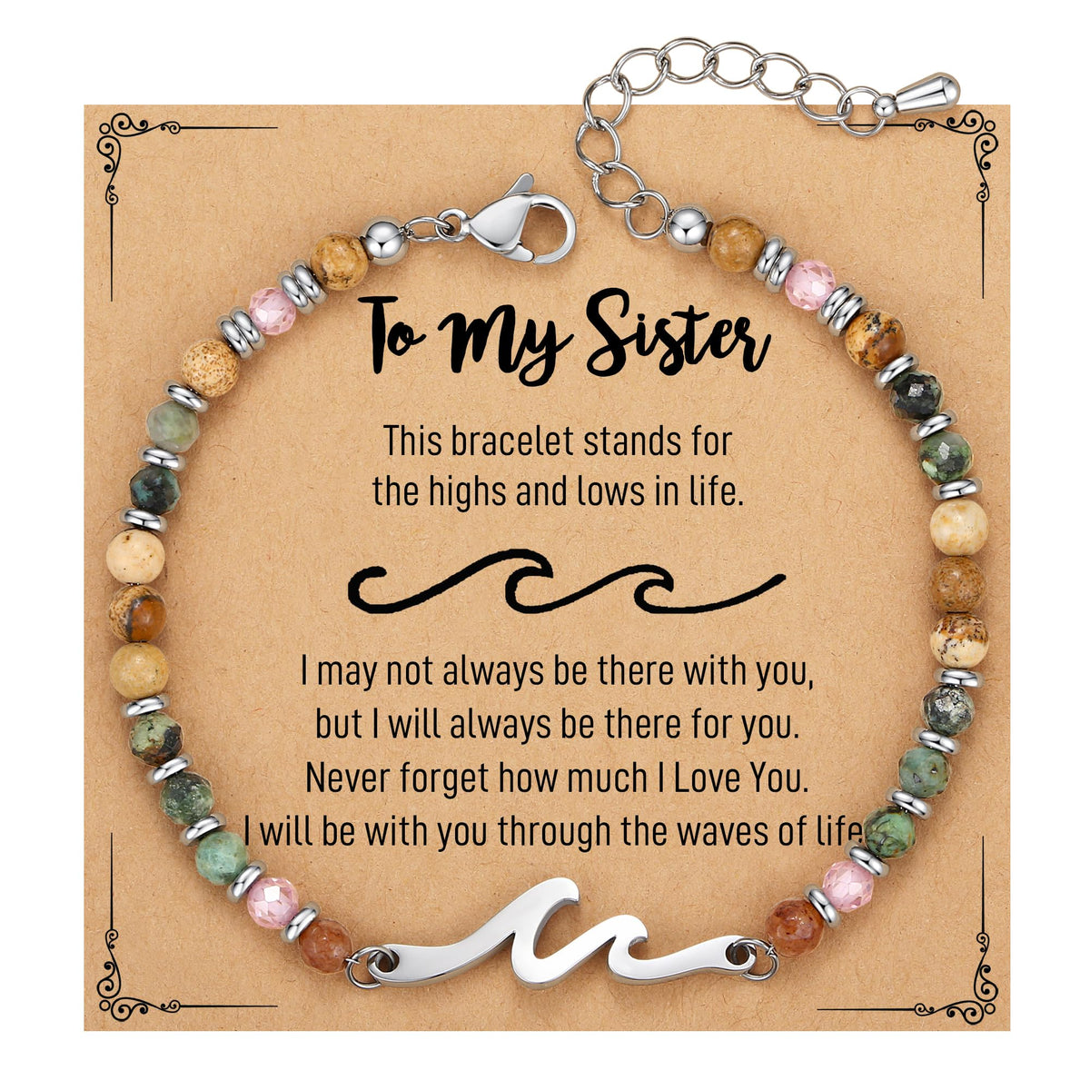 TONY & SANDY Sister Gifts, Graduation Her Mothers Day Gifts for Sister, Wave Bracelet for Women, Sisters Birthday Christmas Easter Unique Gift for Big Little Adult Soul Sisters Jewelry