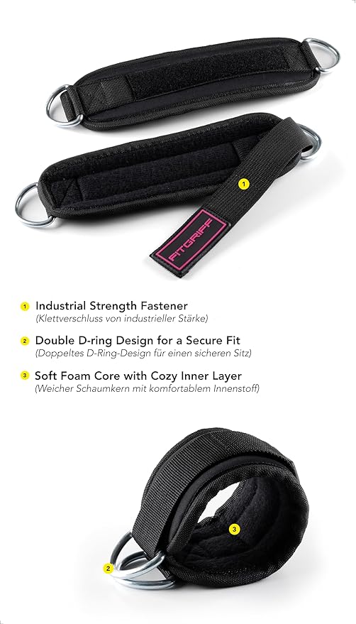 Fitgriff® Ankle Straps V3 for Cable Machine (2 Pieces) - Gym Workout Equipment - Leg Pulley Attachment, Kickback Straps
