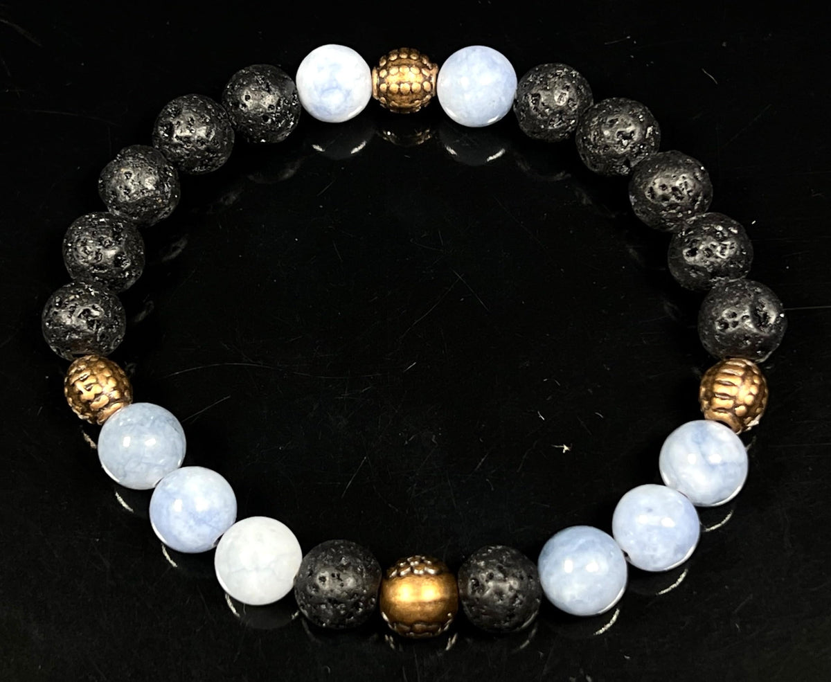 AWAKEN YOUR KUNDALINI Lava Rock & Aquamarine Stretch Bracelet – 8mm Beads, Copper Spacers