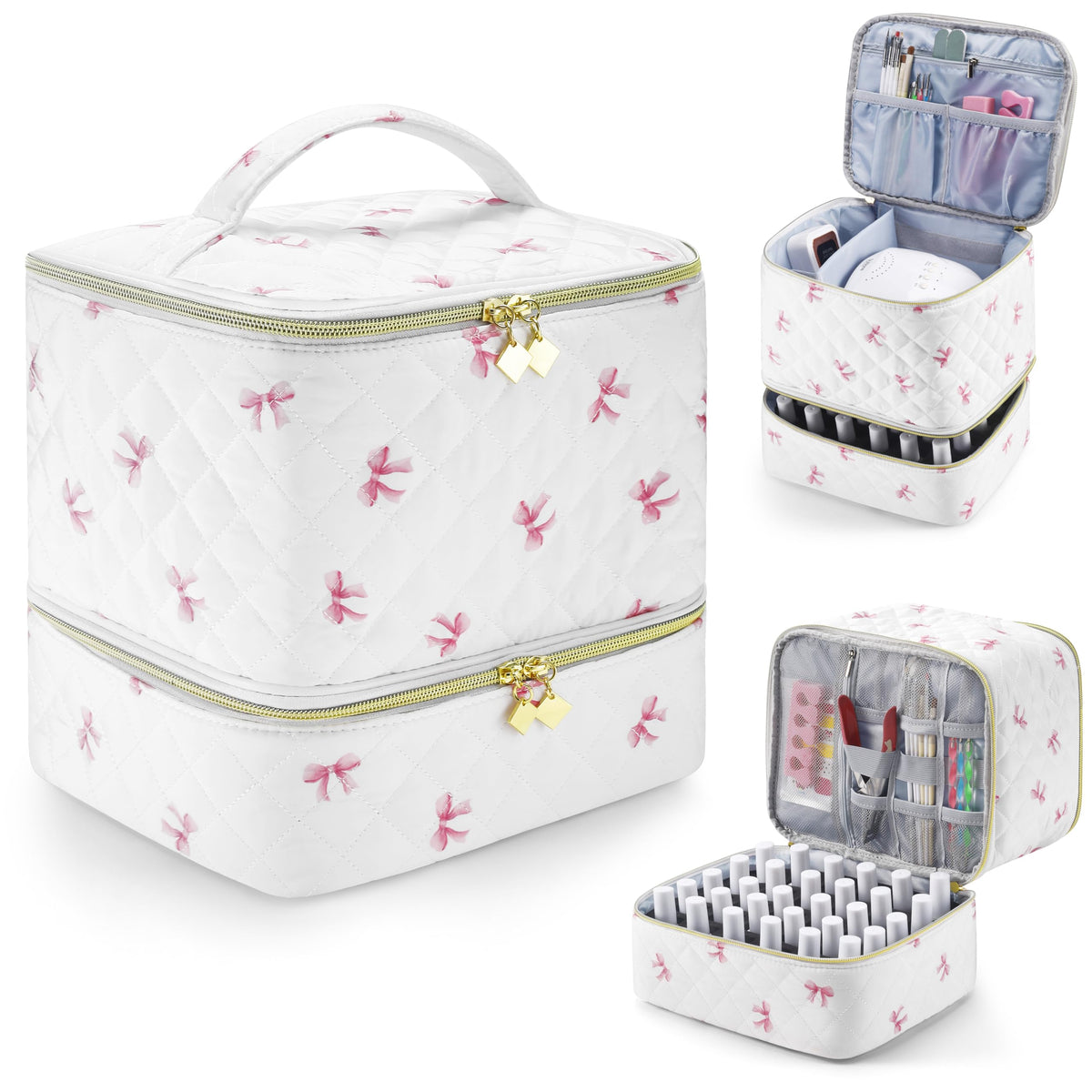 PU Leather Nail Polish Organizer and Nail Lamp Case, Nail Kit Organizer Holds 30+ Bottles (15ml - 0.5 fl.oz) and a Nail Lamp, Nail Polish Carrying Case with Manicure Tools Storage Sections (Pink Bow)