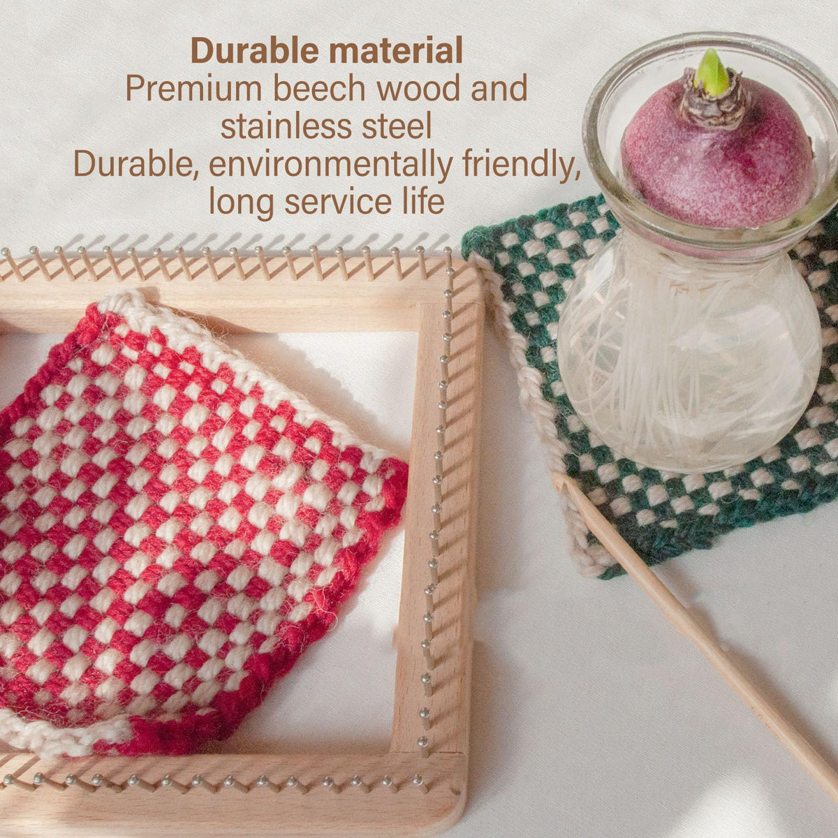 Wooden Knitting Looms for Blankets Square, DIY Hand Crafted Chunky Yarn Looms Board for Hat Scarf Socks Sweater Beech Wood & Stainless Steel (30 * 30cm)