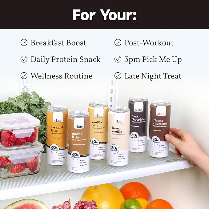 Slate Milk - High Protein Milk Shake - French Vanilla - Lactose Free, 20g Protein, 1g Sugar, 100 Calories, 1g Net Carbs, No Added Sugar - Natural, Breakfast Boost, Post Workout - 11 fl oz, 48 Cans