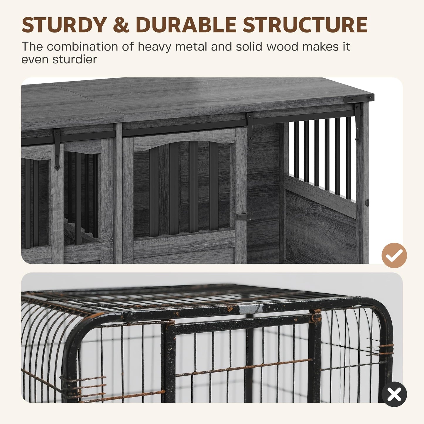 Homiflex 72" Double Dog Crate Furniture for 2 Medium Large Dogs Wooden Heavy Duty Dog Kennel Furniture with 2 Sliding Doors and Divider Decorative Dog Cage TV Stand End Table for Indoor, Grey
