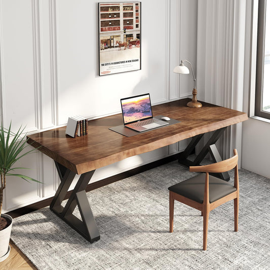 SXXjiaju Solid Wood Desk 55 inches, Home Office Computer Desk Wooden Rustic Writing Desk Metal Modern Simple Design Executive Real Wood Desk(Rustic Brown)
