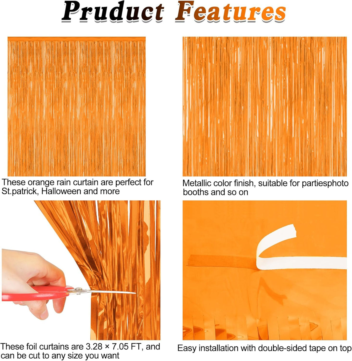 Skiennix 2 Pack Backdrop Curtains - 3.28 FT x 7.05 FT Orange Tinsel Foil Curtains for Parties & Events