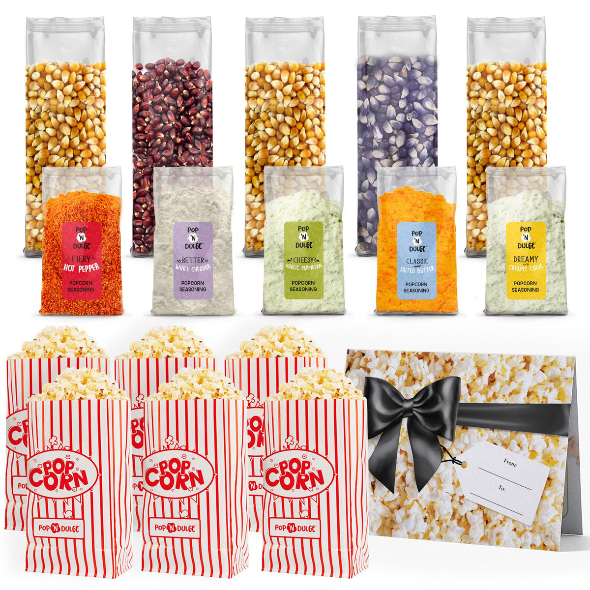 Pop n' Dulge Popcorn Movie Night Supplies 16 pcs Gift Set, 5 Gourmet Popcorn Kernels, 5 Seasoning Variety Packs Non-GMO Kosher Snacks, Great Housewarming Family Date Night Gifts Basket Ideas For Him Her
