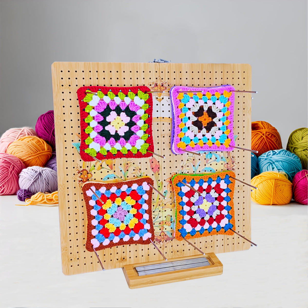16"x16" Foldable Crochet Blocking Board with 36 Pcs Stainless Steel Rods, Floral Pattern Large Blocking Boards for Crochet Projects, Bamboo Granny Square Blocking Boards Gifts for Crochets Enthusiasts