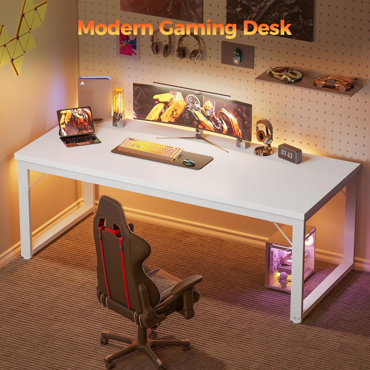 Mericonia 48 Inch Computer Desk, 1" Thick Heavy Duty Industrial Office Desk, Modern Simple Study Writing Table for Home Office Bedroom Workstation, White