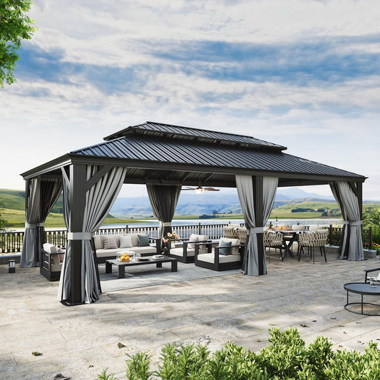 Aoxun 14' X 24' Hardtop Gazebo with Drainage System, Aluminum Outdoor Gazebo with Galvanized Steel Double Roof, Patio Permanent Metal Pavilion with Netting, for Garden, Deckyard, Grey